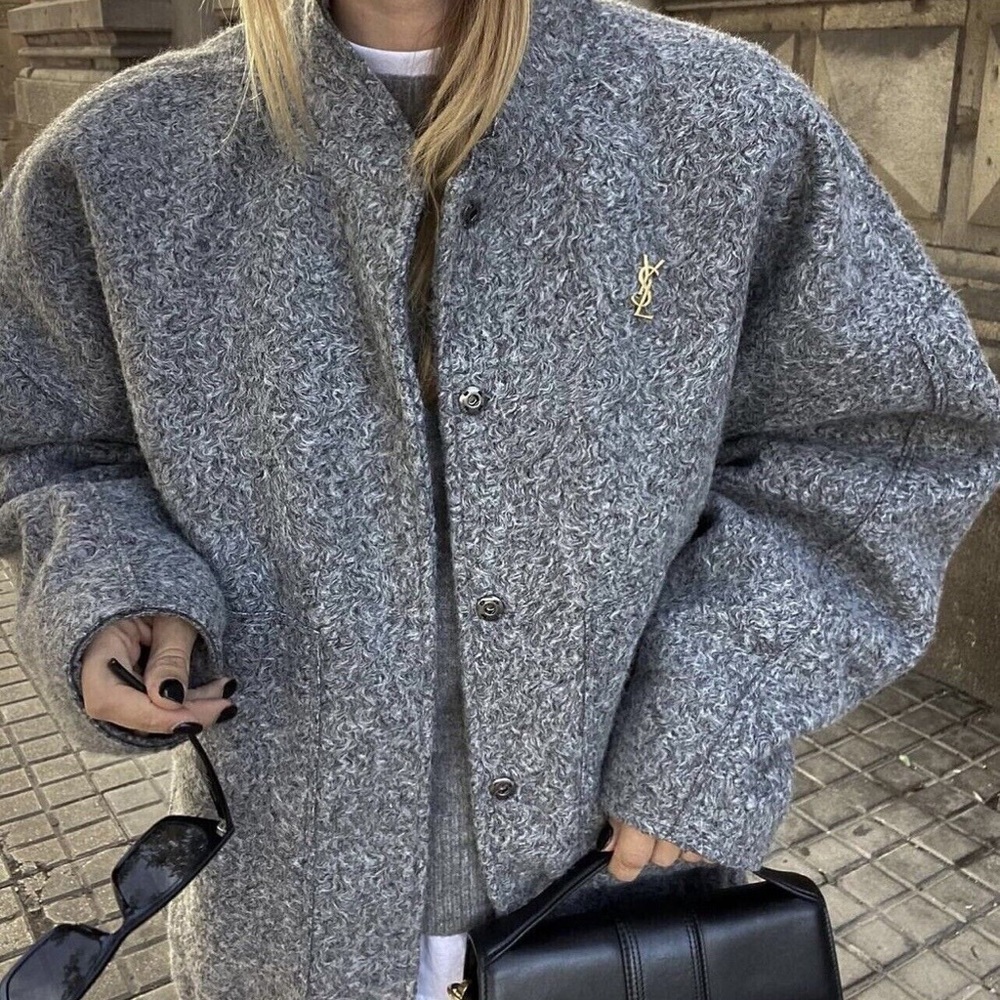 Zara Gray Bouclé Bomber Jacket with Gold Logo
